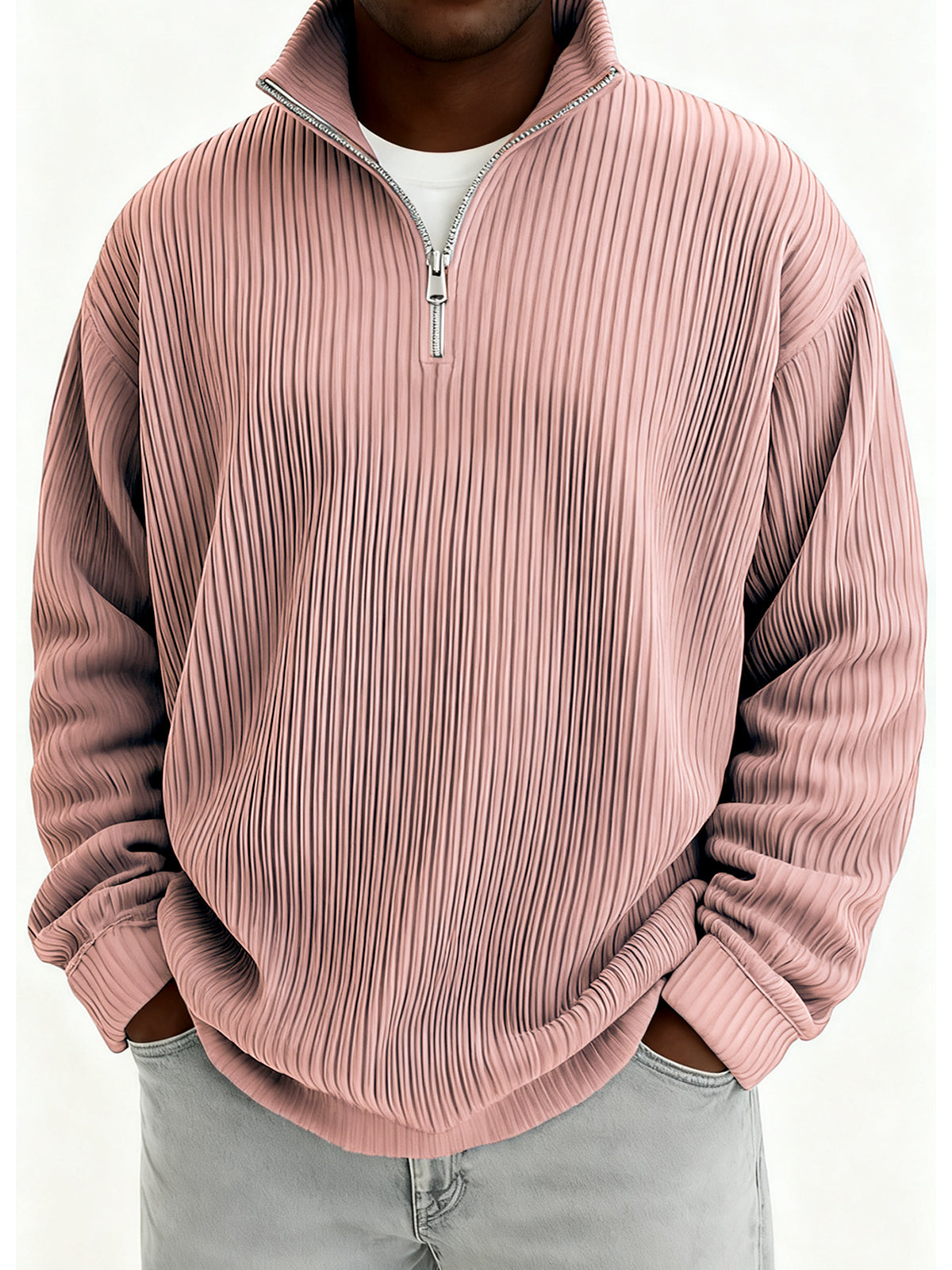 Men's Quarter-Zip Stylish Pleated Ribbed Pullover