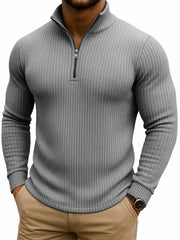Men's Retro Casual Solid Color Striped Stand-up Collar Quarter-Zip Sweatshirt