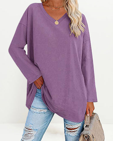Women's Solid Color V Neck Long Sleeve Pullover Basic T-shirts Casual Sweatshirt