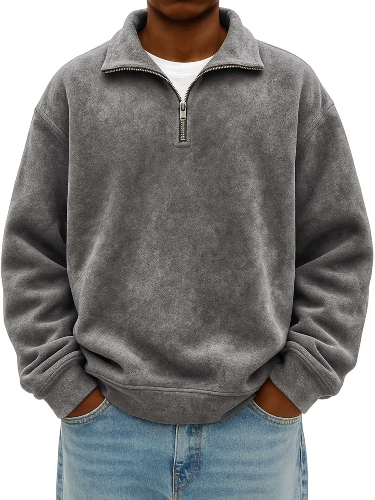 Men's Quarter Zip Stylish Suede Distressed Pullover