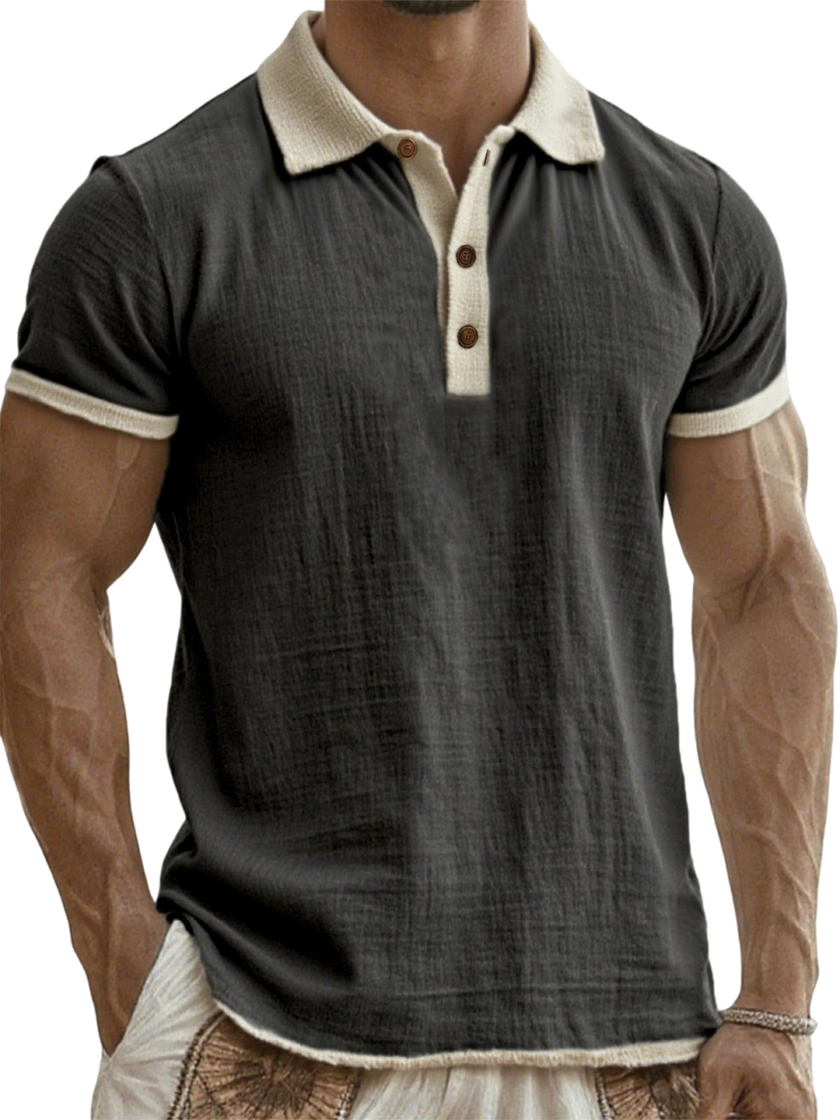 Men's Breathable Linen Crinkled Casual Colorblock Vacation Daily Short-sleeved Polo Shirt