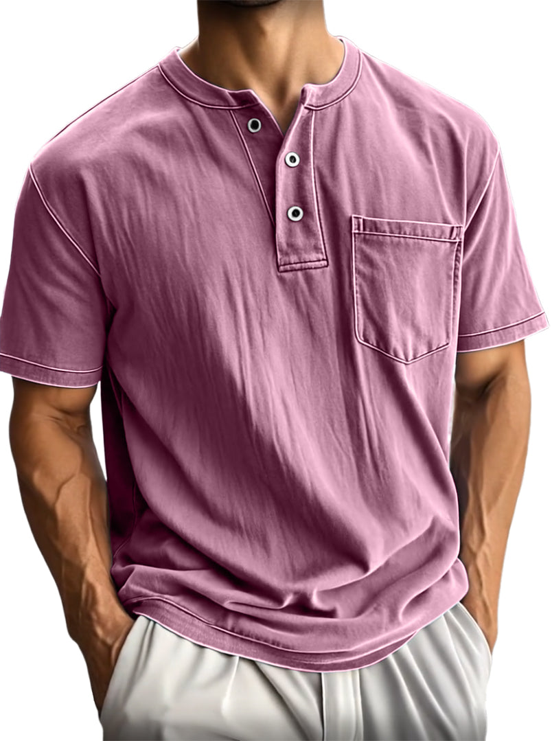 Men's Washed And Distressed Cotton Vintage Henley Collar Short-sleeved T-shirt