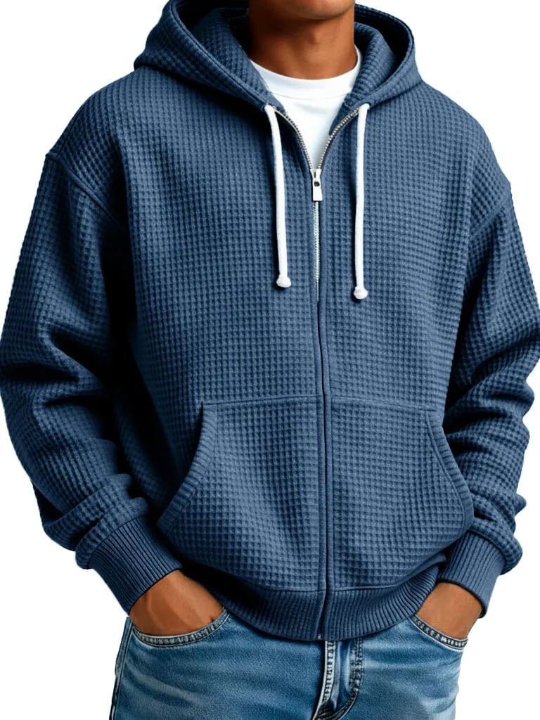 Men's Wear Fashionable Casual Waffle Fabric Zipper Hooded Pockets Loose Coat