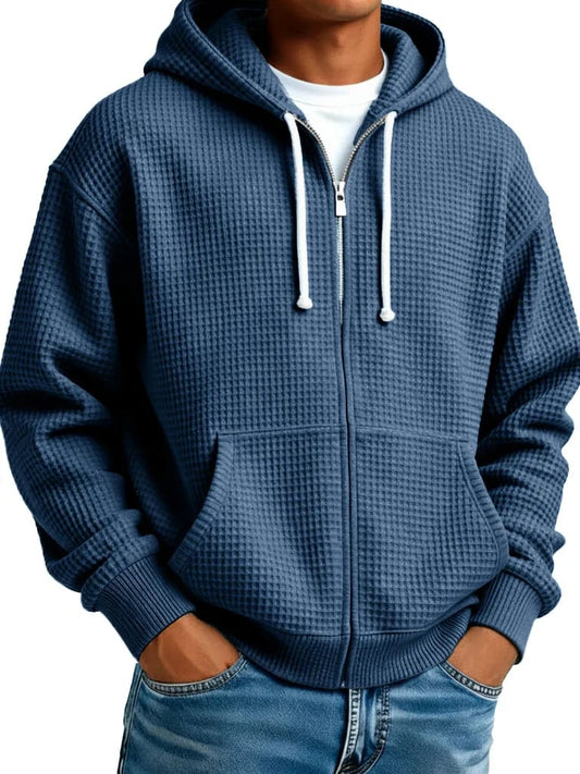 Men's Wear Fashionable Casual Waffle Fabric Zipper Hooded Pockets Loose Coat