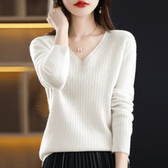 Women's V-Neck Pullover Long Sleeve Solid Color Cashmere Sweater