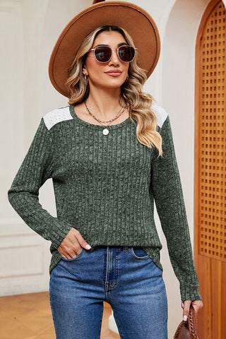 Women's Eyelet Ribbed Round Neck Long Sleeve T-Shirt