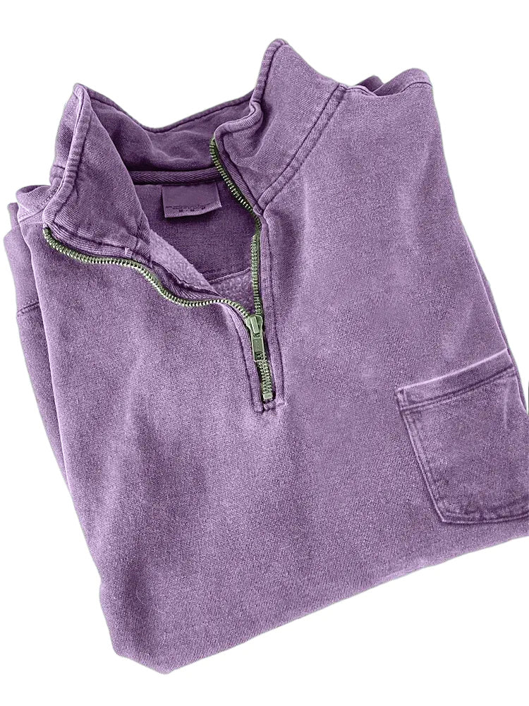 Men's Quarter-zip Distressed Washed Cotton Pocket Zippered Long-sleeved Sweatshirt