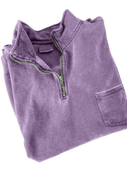 Men's Quarter-zip Distressed Washed Cotton Pocket Zippered Long-sleeved Sweatshirt