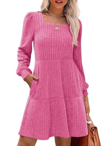 🔥Women's Square Neck Long Sleeve Fall Dresses Casual Babydoll Sweater Dress
