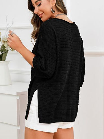Women's Rolled Round Neck Dropped Shoulder Slit Sweater