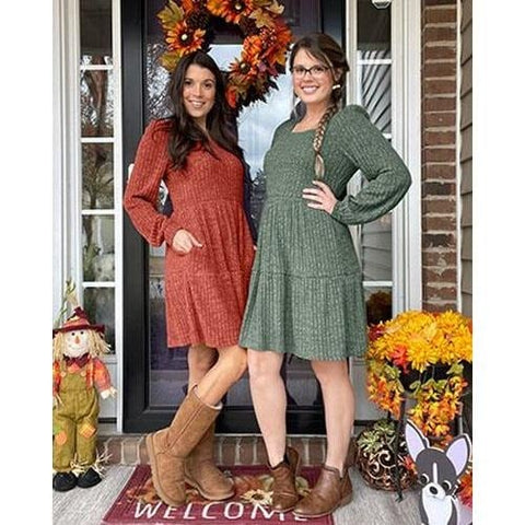 🔥Women's Square Neck Long Sleeve Fall Dresses Casual Babydoll Sweater Dress