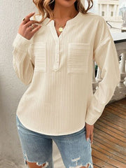 Devine Pocketed Notched Long Sleeve Blouse