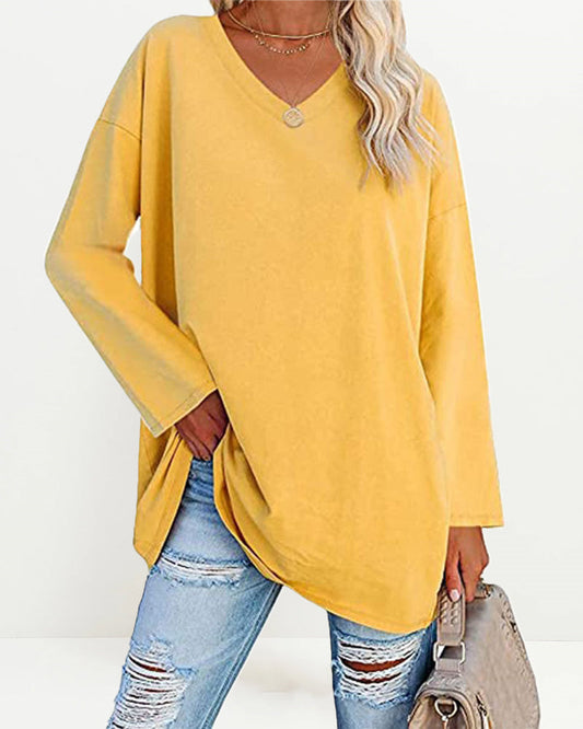 Women's Solid Color V Neck Long Sleeve Pullover Basic T-shirts Casual Sweatshirt