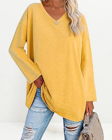Women's Solid Color V Neck Long Sleeve Pullover Basic T-shirts Casual Sweatshirt