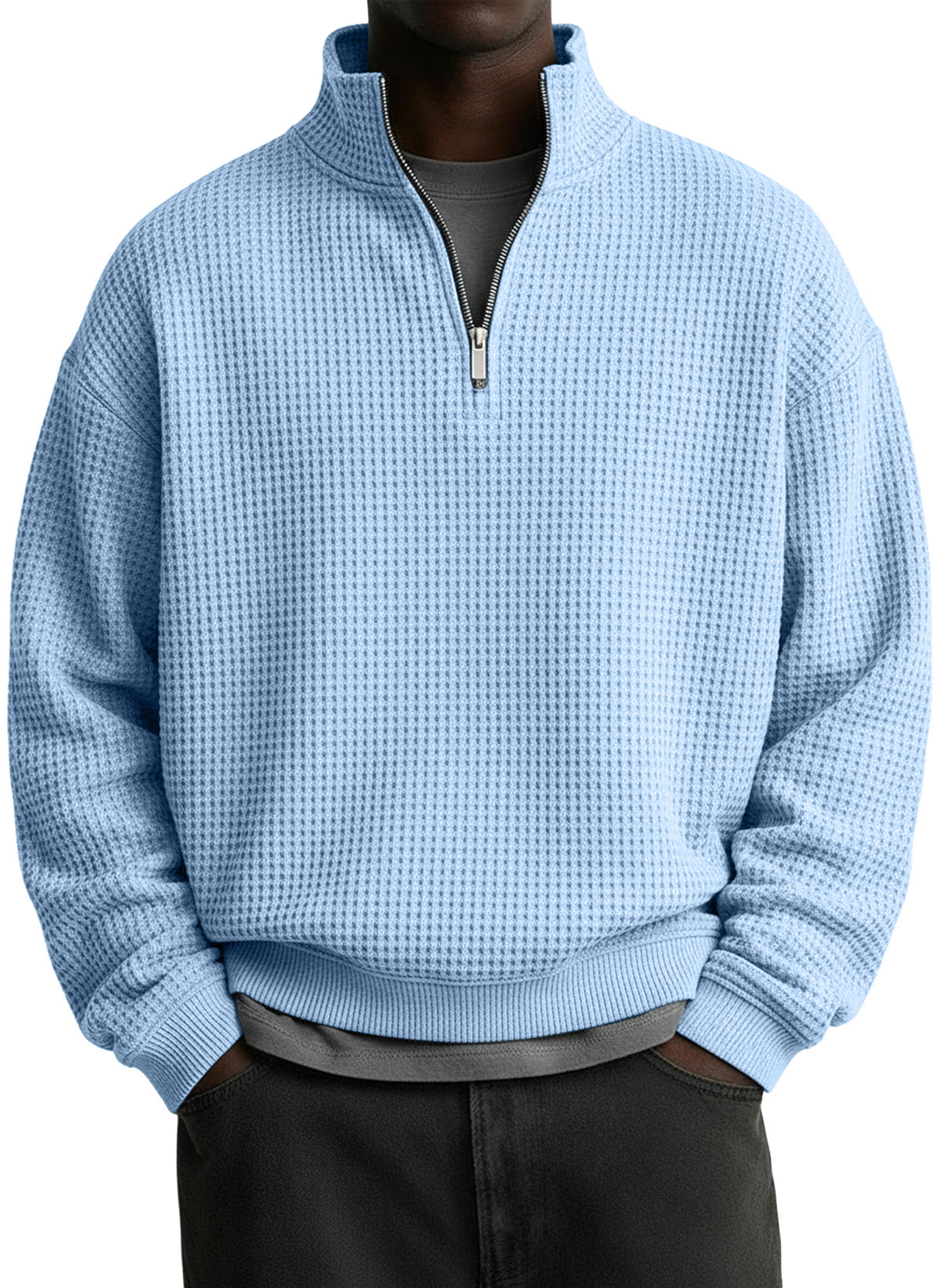 Men's Casual Solid Waffle Fabric Stand Collar Zip Sweatshirt