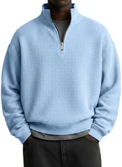 Men's Casual Solid Waffle Fabric Stand Collar Zip Sweatshirt