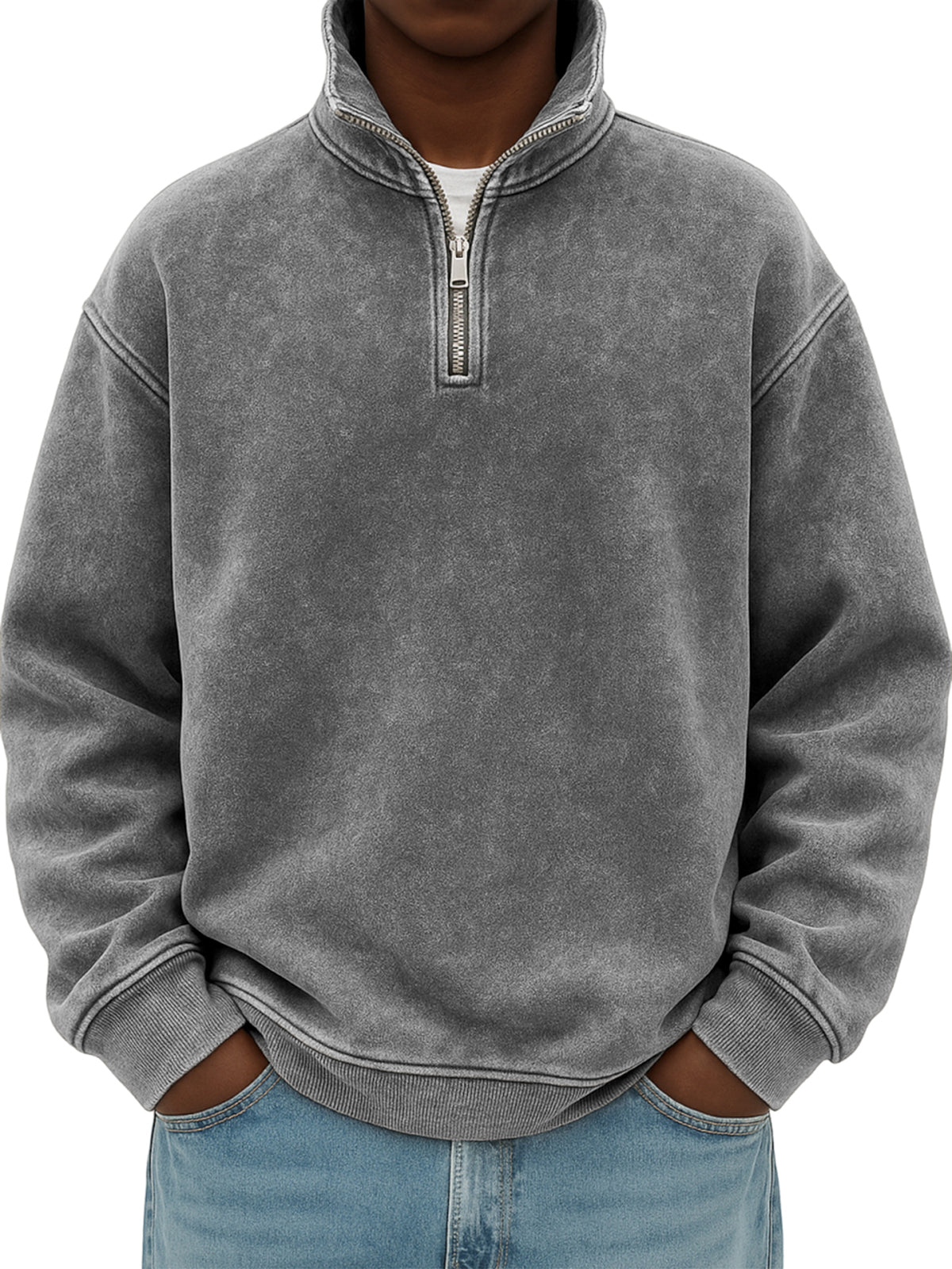 Men's Stylish Quarter-zip Distressed Stand Collar Basic Pullover