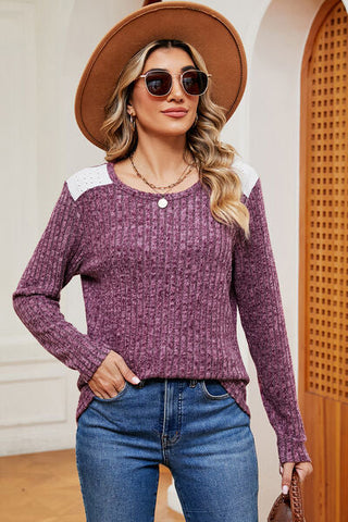 Women's Eyelet Ribbed Round Neck Long Sleeve T-Shirt