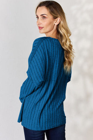 Women's Basic Bae Full Size Ribbed Half Button Long Sleeve T-Shirt