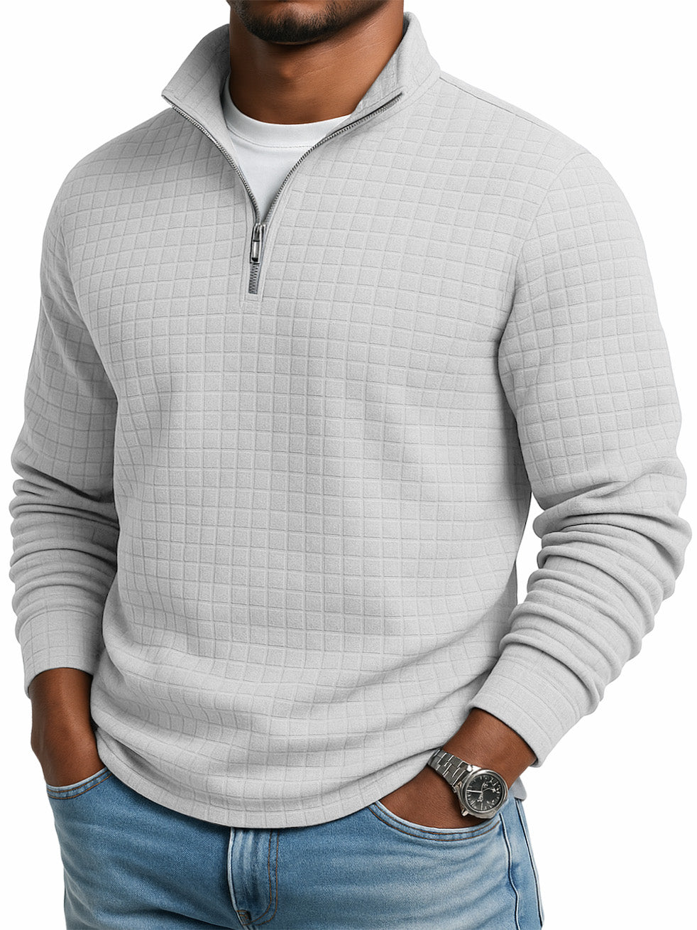 Men's Casual Solid Color Large Waffle Quarter Zip Stand Collar Sweatshirt