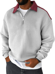 Men's Lapel Contrast Color Casual Loose Quarter Zip Sweatshirt