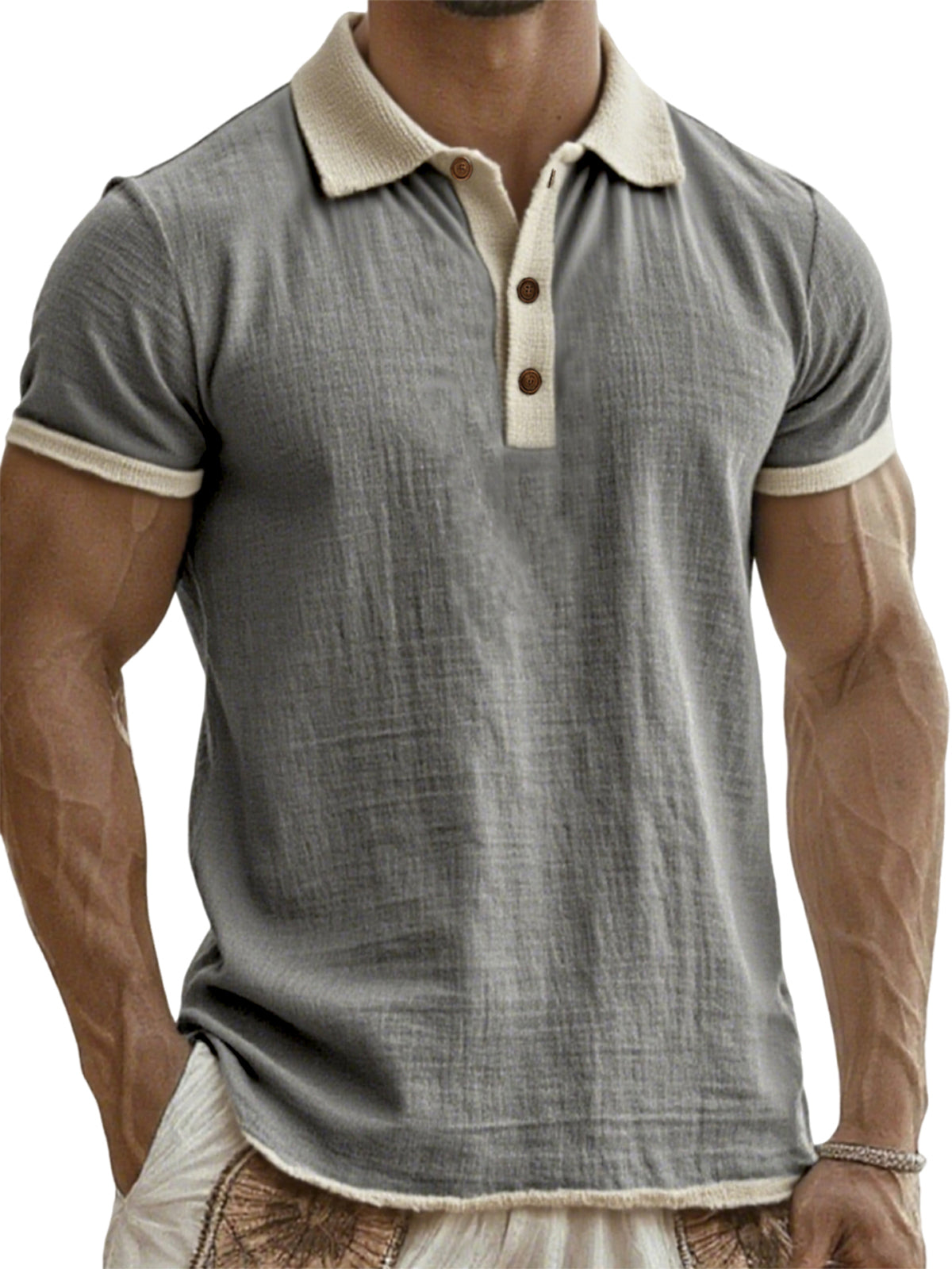Men's Breathable Linen Crinkled Casual Colorblock Vacation Daily Short-sleeved Polo Shirt