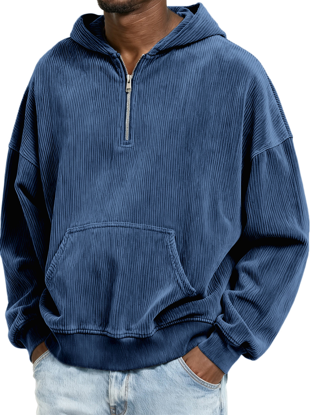 Corduroy Ribbed Stylish Quarter Zip Pullover Sweatshirt with Kangaroo Pocket