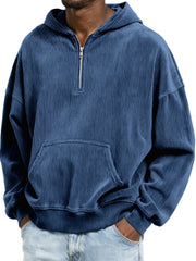 Corduroy Ribbed Stylish Quarter Zip Pullover Sweatshirt with Kangaroo Pocket