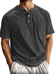 Men's Washed And Distressed Cotton Vintage Henley Collar Short-sleeved T-shirt
