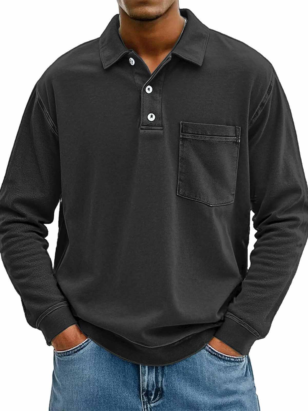 Men's Stylish Casual Vintage Lapel Long-sleeved Polo Shirt With Pockets
