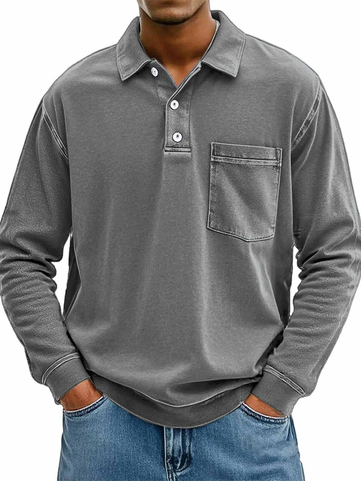 Men's Stylish Casual Vintage Lapel Long-sleeved Polo Shirt With Pockets
