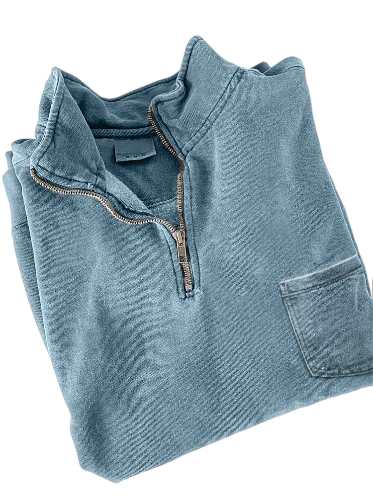 Men's Quarter-zip Distressed Washed Cotton Pocket Zippered Long-sleeved Sweatshirt