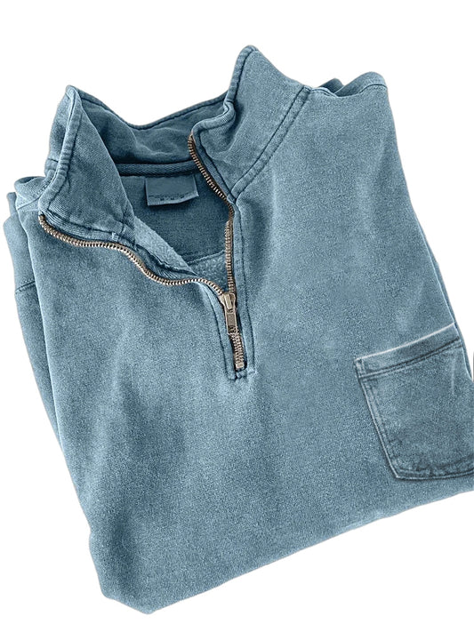 Men's Quarter-zip Distressed Washed Cotton Pocket Zippered Long-sleeved Sweatshirt