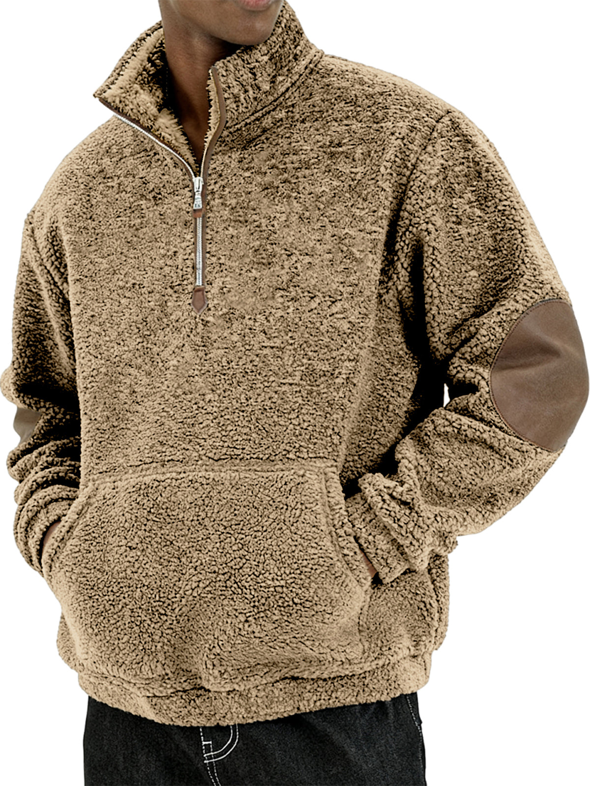 Men's Sherpa Cozy and Stylish Half - Zip Pullover with Elbow Patches
