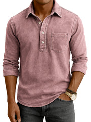Men's Vintage Distressed Casual Daily Long-sleeve Polo Shirt with Chest Pocket