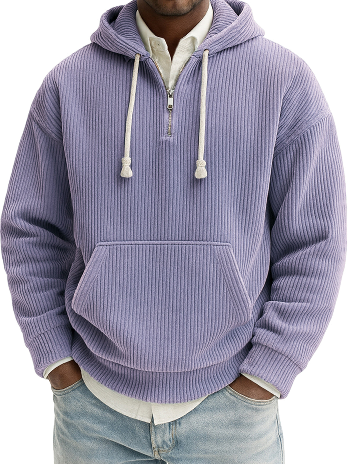 Men's Stylish Quarter-zip Corduroy Ribbed Casual Pullover Hooded Sweatshirt