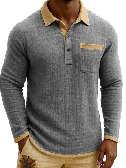 Men's Vintage Breathable Linen Contrast Color Polo Shirt