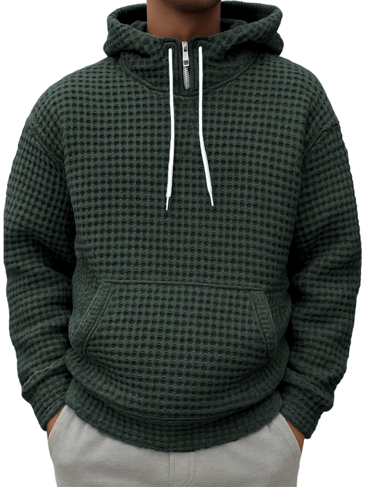 Men's Half-zip Plaid Textured Casual Hooded Sweatshirt