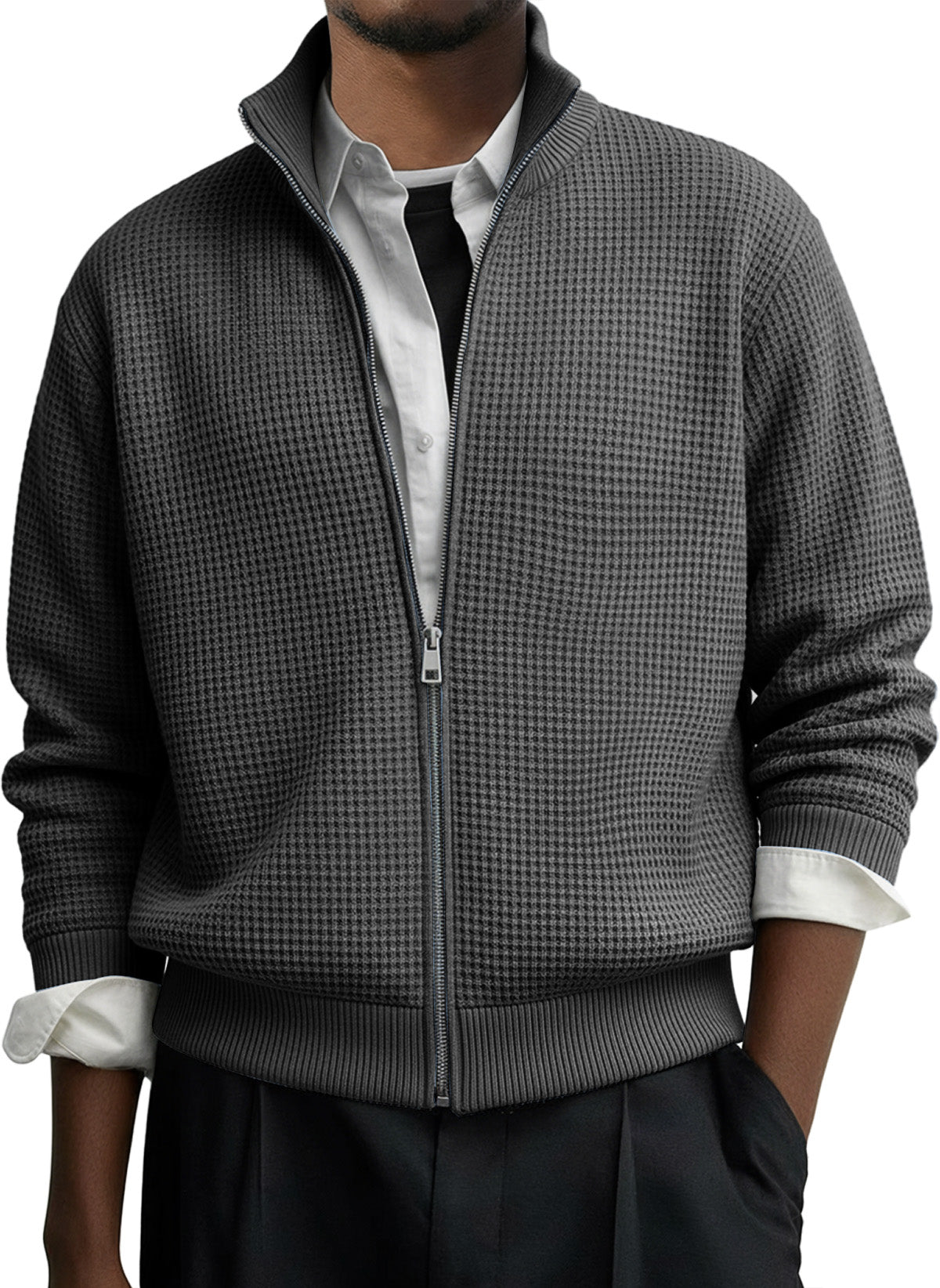 Men's Casual Solid Waffle Zip-up Long Sleeved Jacket