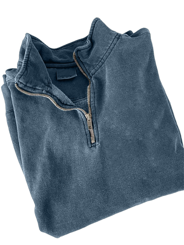 Men's Quarter Zip Distressed Washed Cotton Zipper Long Sleeve Sweatshirt