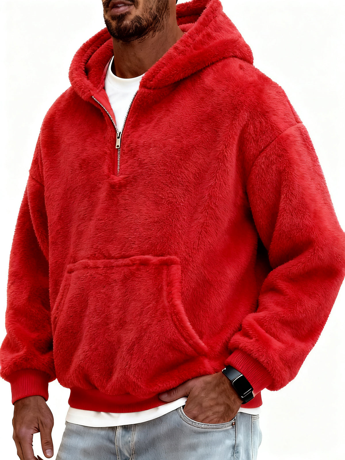 Men's Stylish Coral Fleece Hooded Sweatshirt with Kangaroo Pockets and A Quarter Zip