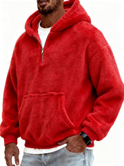 Men's Stylish Coral Fleece Hooded Sweatshirt with Kangaroo Pockets and A Quarter Zip