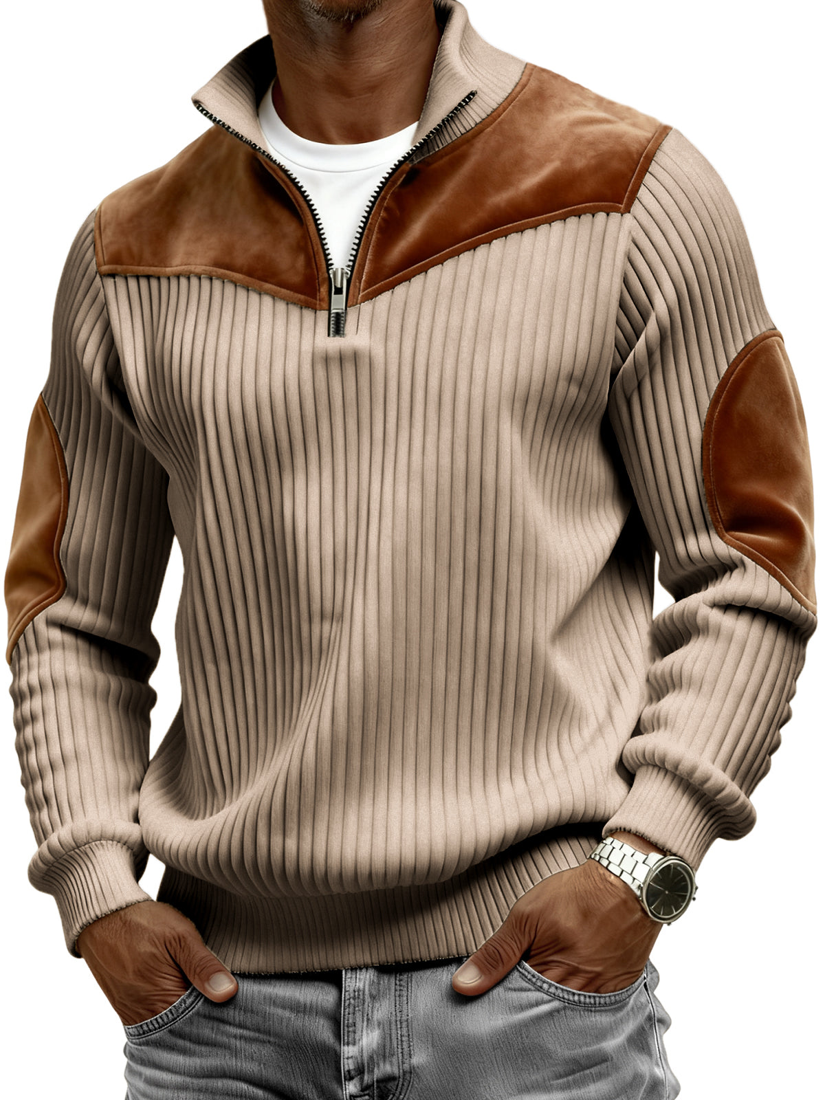 Men's Vintage Wide-ribbed Quarter-zip Suede Stitching Pullover