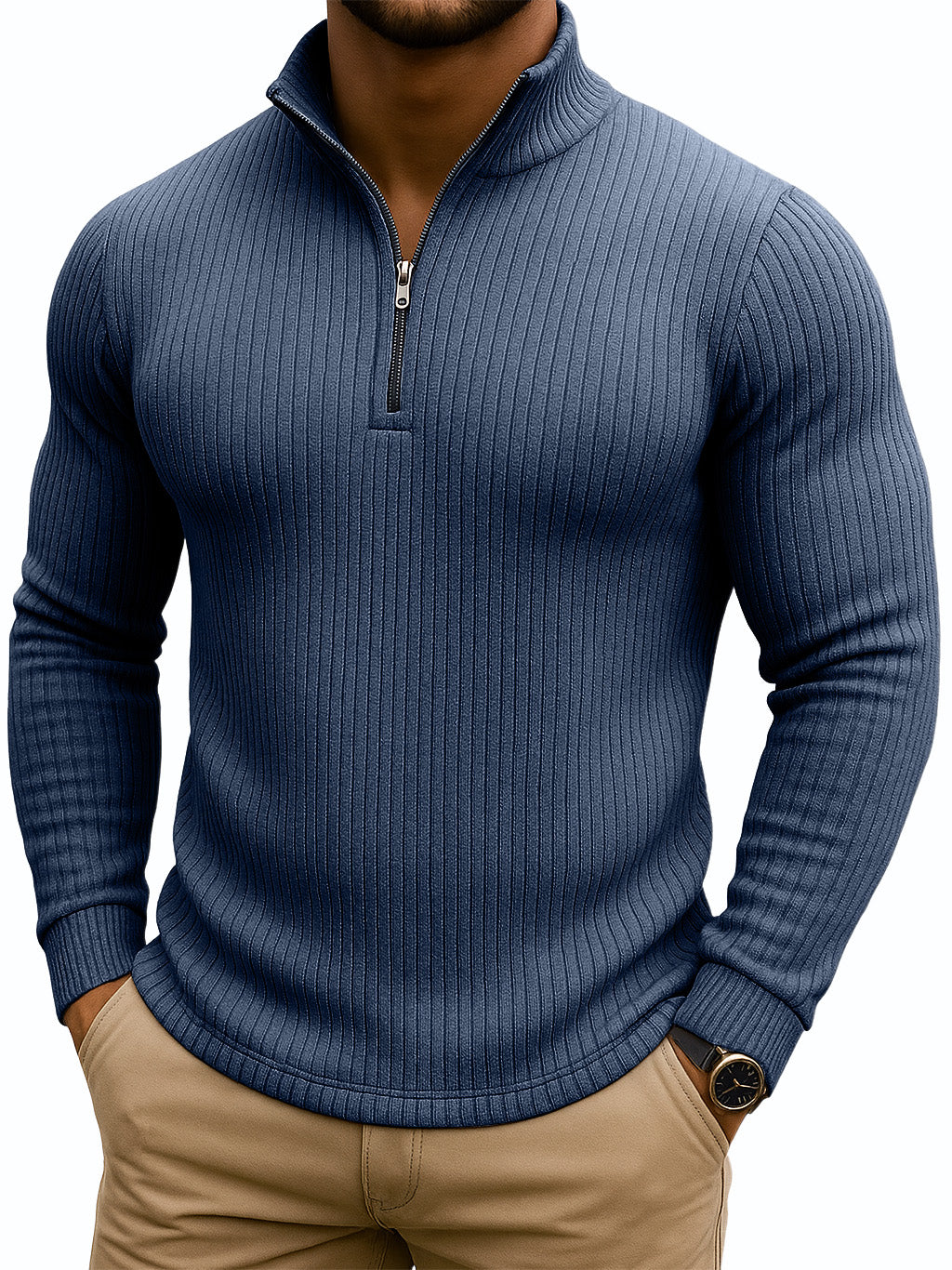Men's Retro Casual Solid Color Striped Stand-up Collar Quarter-Zip Sweatshirt