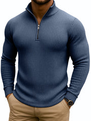 Men's Retro Casual Solid Color Striped Stand-up Collar Quarter-Zip Sweatshirt