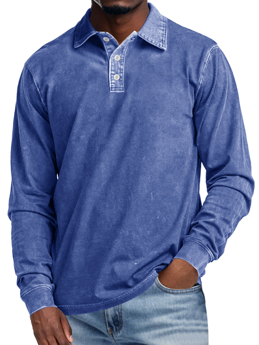 Men's Retro Lapel Button Casual Solid Color Long Sleeve Polo Shirt