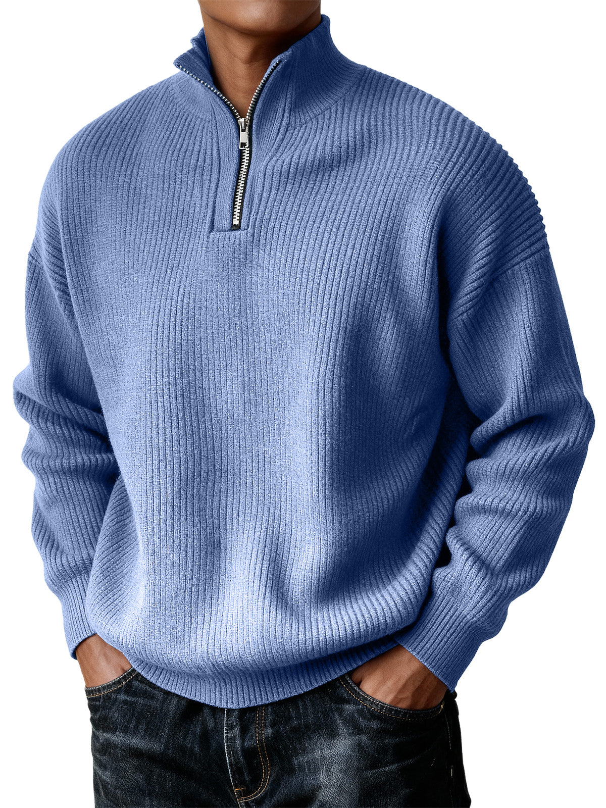 Men's Simple Zipper Turtleneck Casual Knitted Sweater Christmas and New Year Sweater