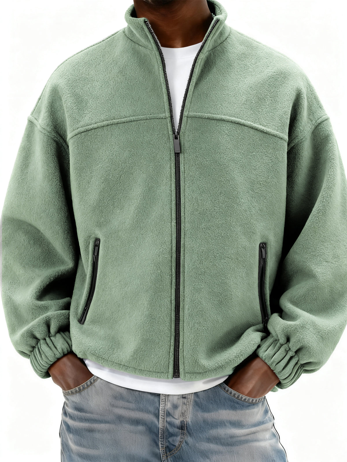 Men's Fleece Full Zip Stand Collar Jacket with Side Pockets