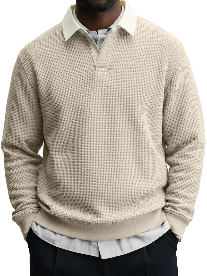 Men's Casual Stylish Waffle Contrast Lapel Sweatshirt