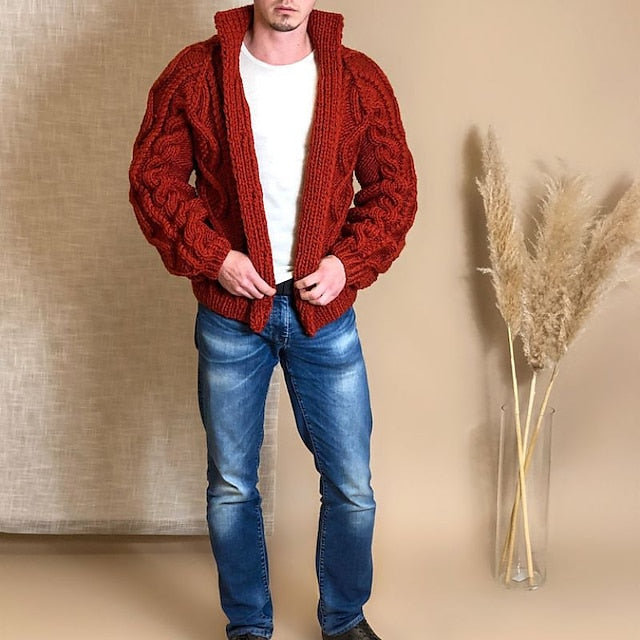 Men's Formal Cardigan Chunky Knit Solid Color Stand Collar Fashion Sweater